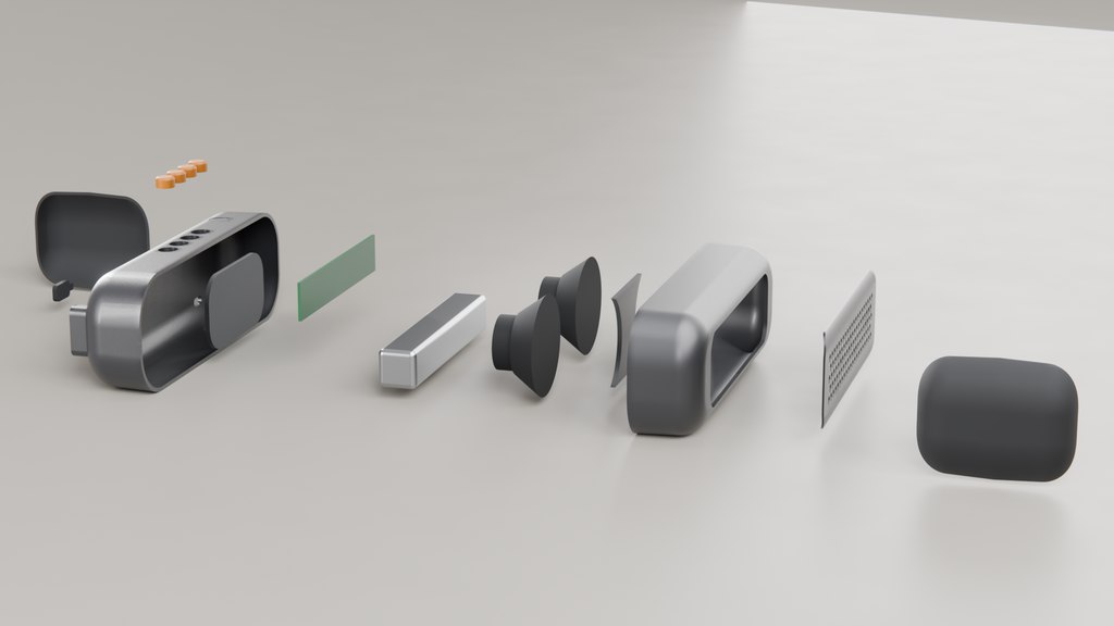 All 16 parts: housings, grille, baffle, drivers, radiator, battery, board and caps.