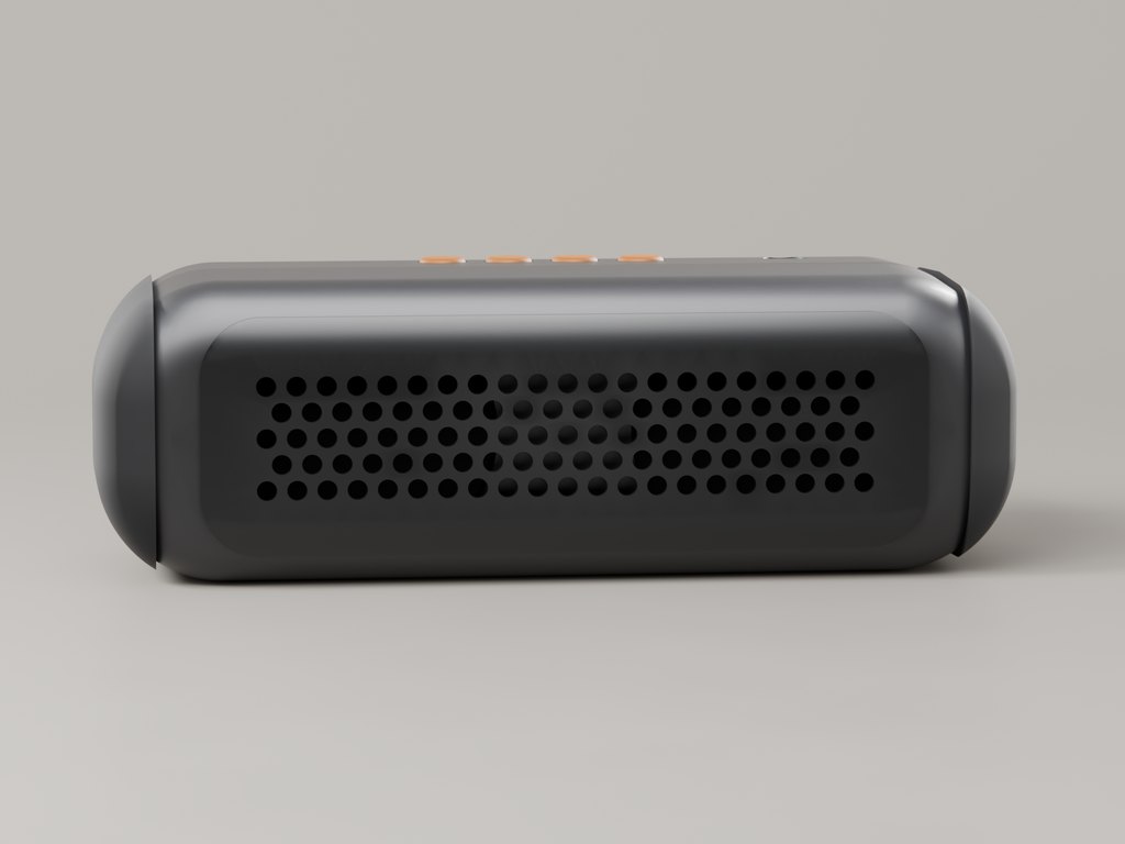 Front face with the perforated grille and the four yolk key caps.