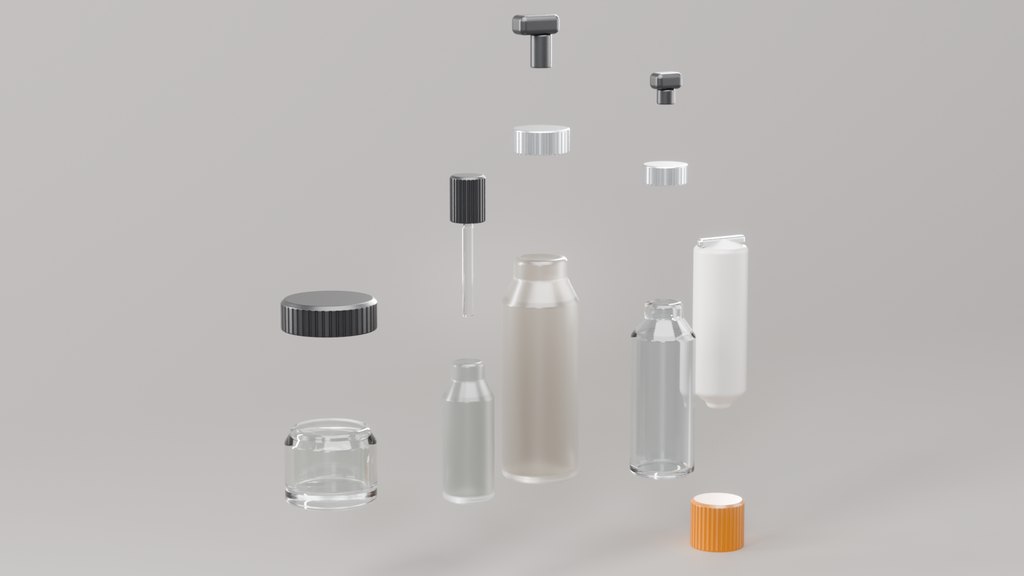 Caps, pump, sprayer and pipette lifted off along their own axes.