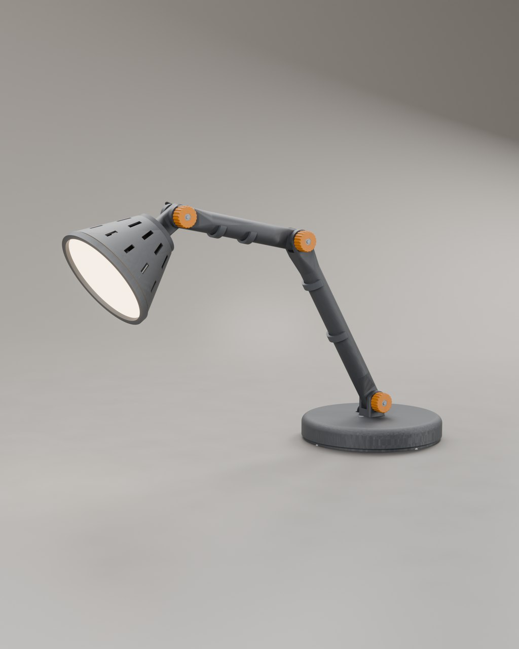 The lamp switched on; printed parts in PETG with the joint knobs in yolk.